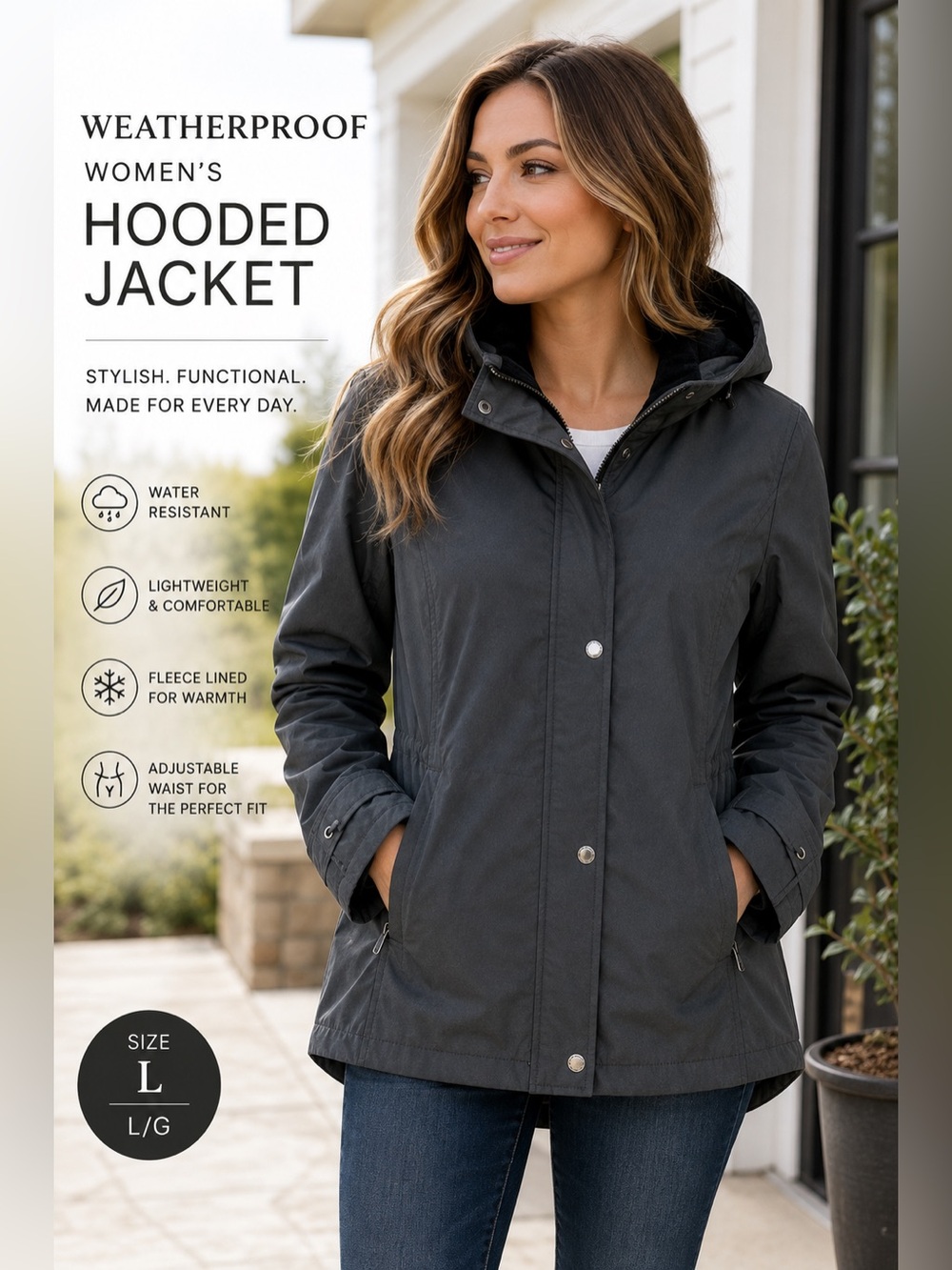 Weatherproof Women’s Large Gray Hooded Fleece Lined Rain Jacket Coat